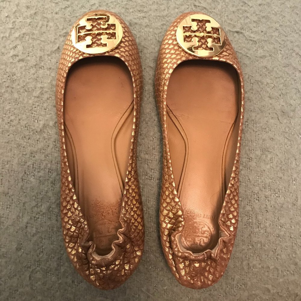 Gently Worn TORY BURCH Reva Flats Gold Met Snake